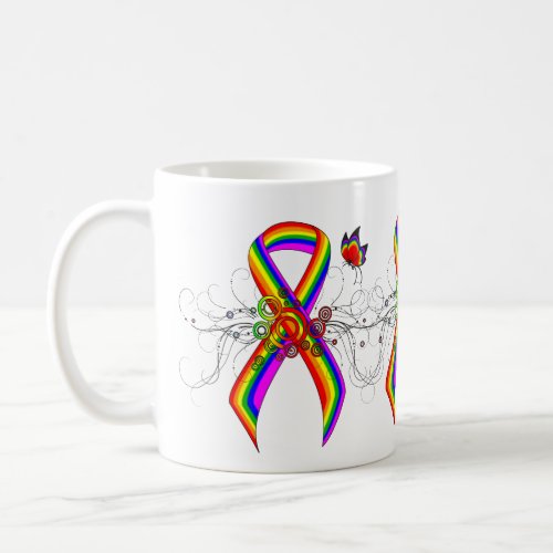 Rainbow Awareness Ribbon with Butterfly Coffee Mug
