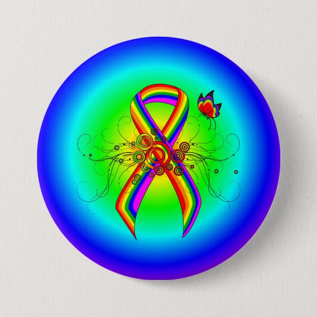 Rainbow Awareness Ribbon with Butterfly Pinback Button (Front)