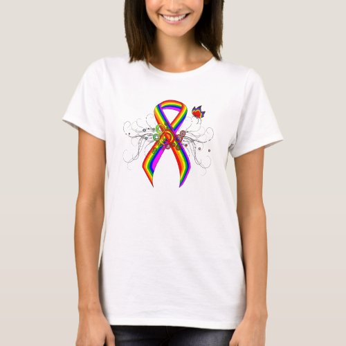 Rainbow Awareness Ribbon with Butterfly T_Shirt