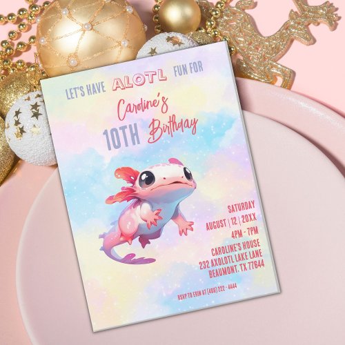 Rainbow axolotl girl birthday invitation