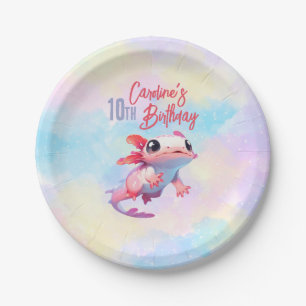 Rainbow axolotl girl birthday paper plates