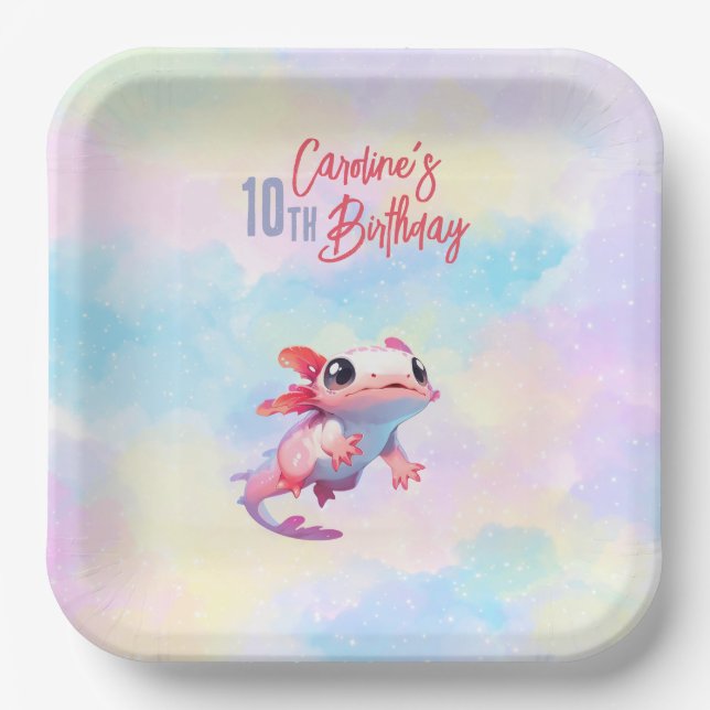 Rainbow axolotl girl birthday paper plates (Front)