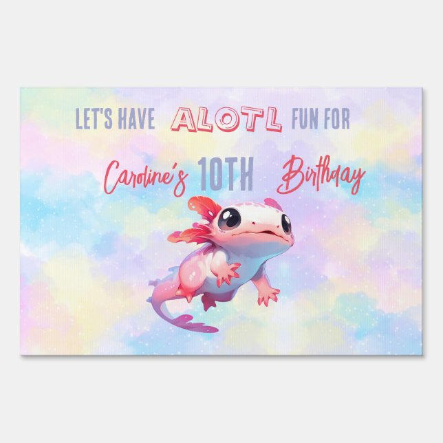 Rainbow axolotl girl birthday party welcome sign (Front)