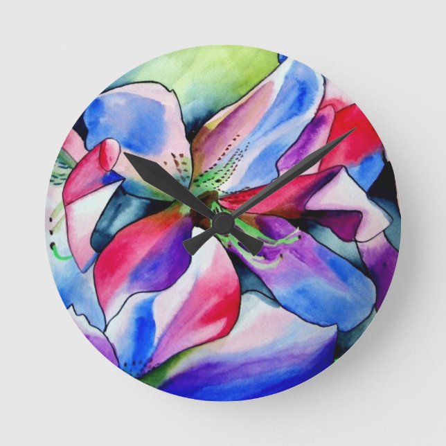 Rainbow Azalea flower original watercolor painting Round Clock (Front)