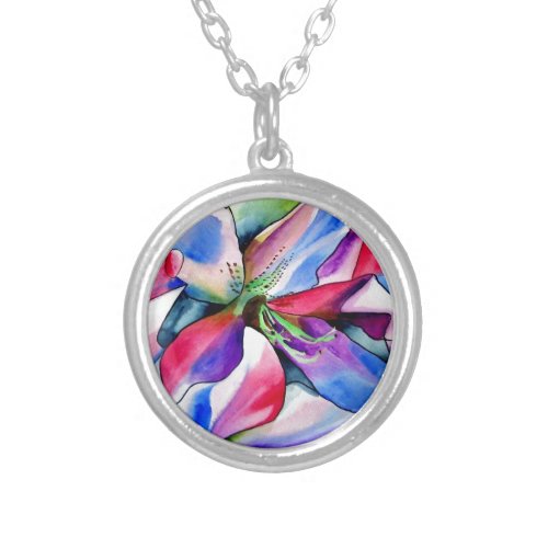 Rainbow Azalea flower original watercolor painting Silver Plated Necklace