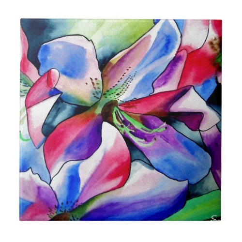 Rainbow Azalea flower original watercolor painting Tile