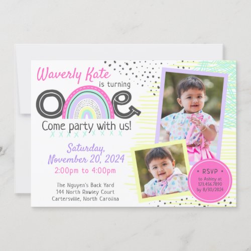 Rainbow Baby 1st Birthday Kawaii Doodles 2_Photo Invitation