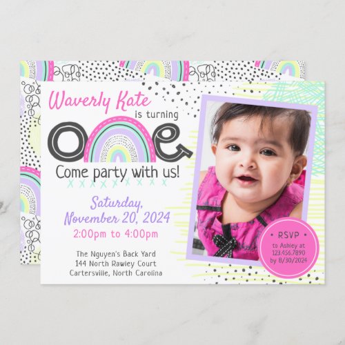 Rainbow Baby 1st Birthday Kawaii Doodles Photo Invitation