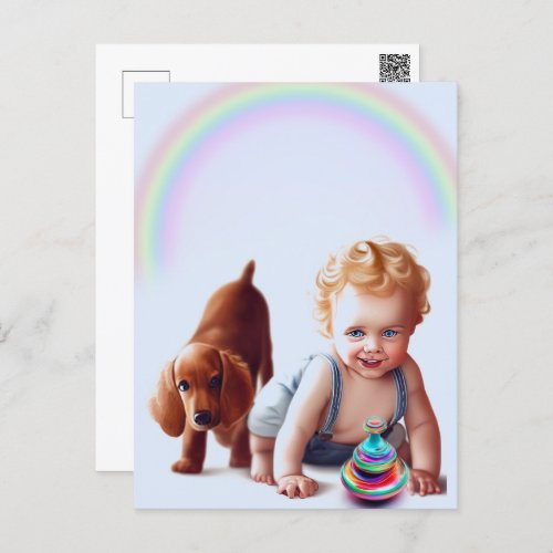 Rainbow Baby and Dachshund Postcard