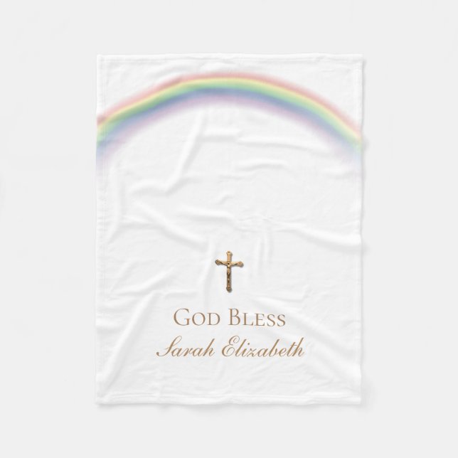 Rainbow Baby Baptism Cross Gold Crucifix Fleece Blanket (Front)