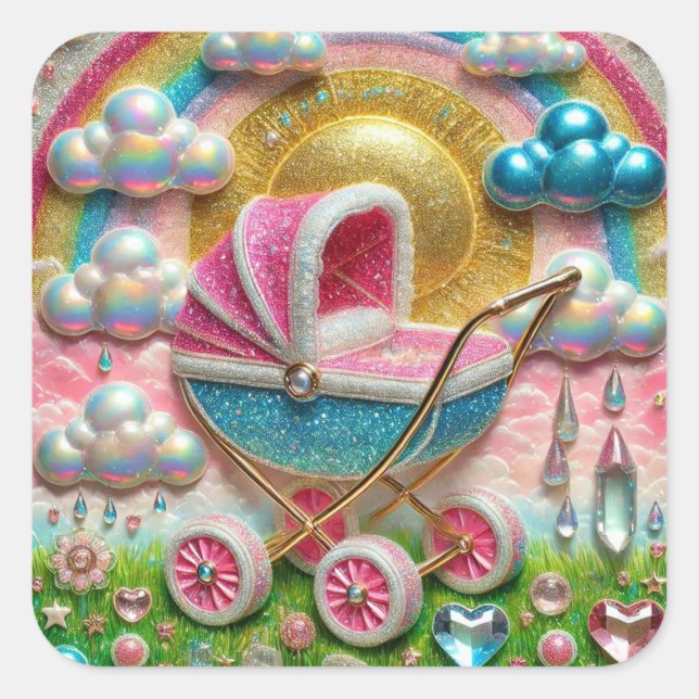 Rainbow Baby Carriage with Glitter Sun and Clouds Square Sticker (Front)