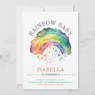 Rainbow Baby Cute Watercolor Girl 1st Birthday Invitation