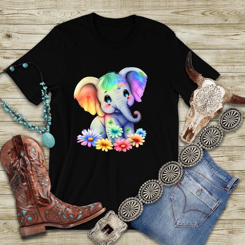Rainbow Baby Elephant with Blue Eyes Graphic T_Shirt