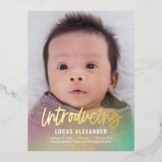 Rainbow Baby Foil Birth Announcement Postcard (Front)