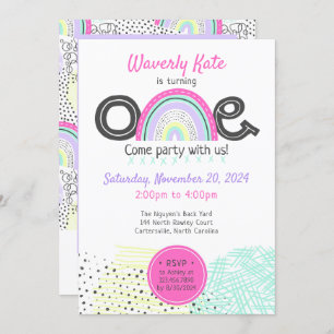 Rainbow Baby Girl 1st Birthday Kawaii Doodle Photo Invitation