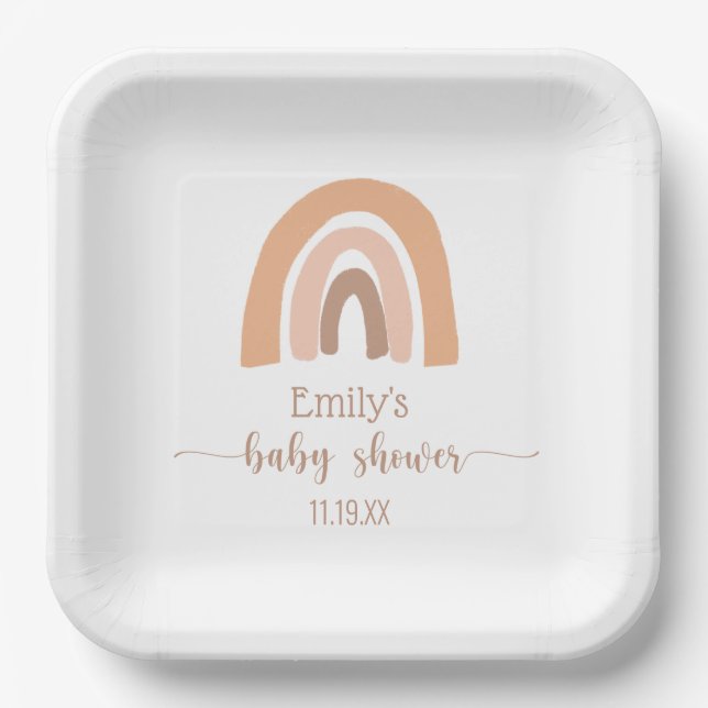 Rainbow Baby Girl Shower Boho Pink Brown Paper Plates (Front)
