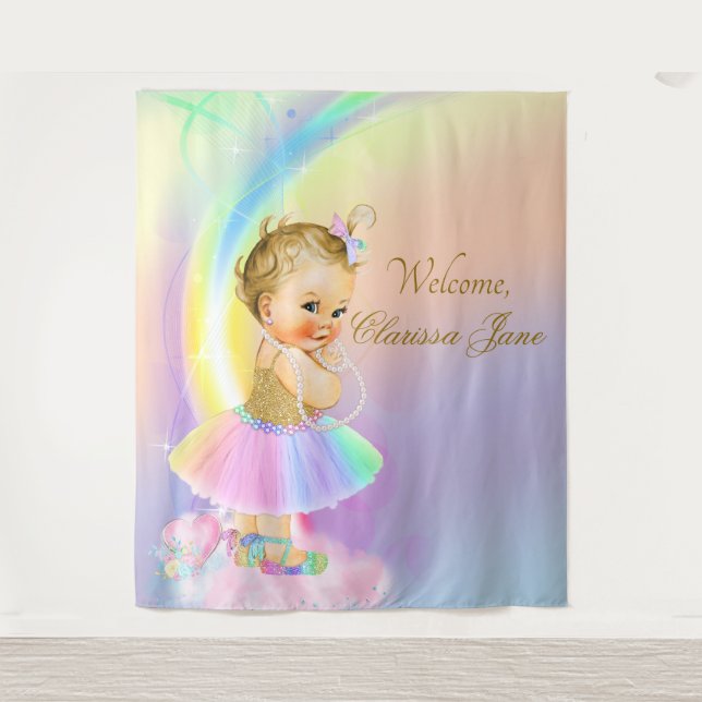 Rainbow Baby Shower Backdrop Banner Blonde Girl (Front)