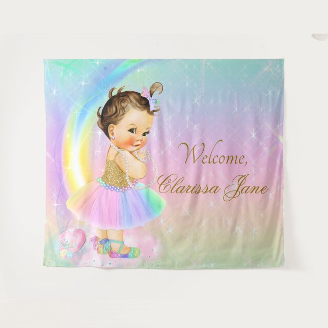 Rainbow Baby Shower Backdrop Banner Brunette Girl (Front (Horizontal))
