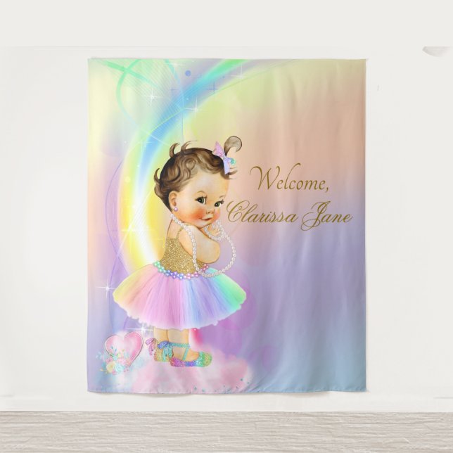 Rainbow Baby Shower Backdrop Banner Brunette Girl (Front)