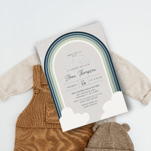 Rainbow Baby Shower Blue Green Boy Silver Foil Invitation
