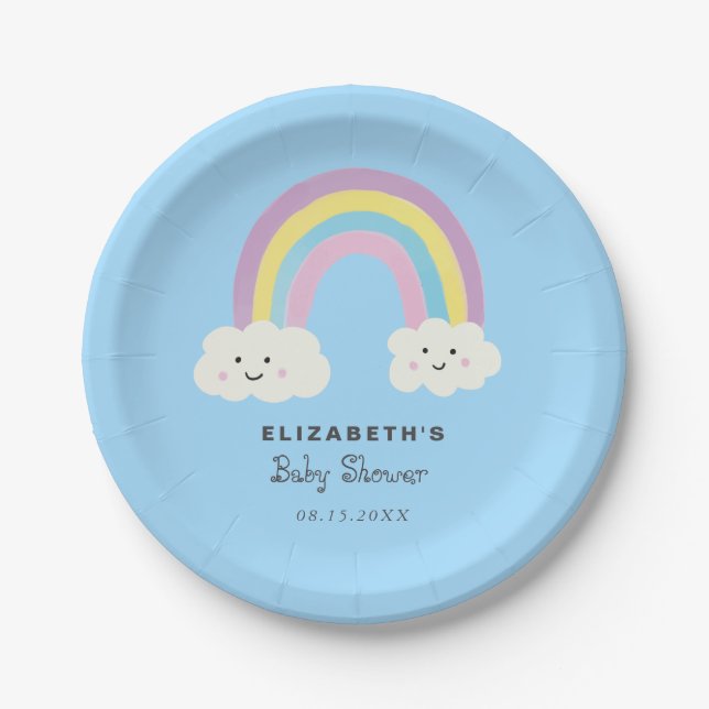 Rainbow Baby Shower Boy Cute Pastel Whimsical Paper Plates (Front)
