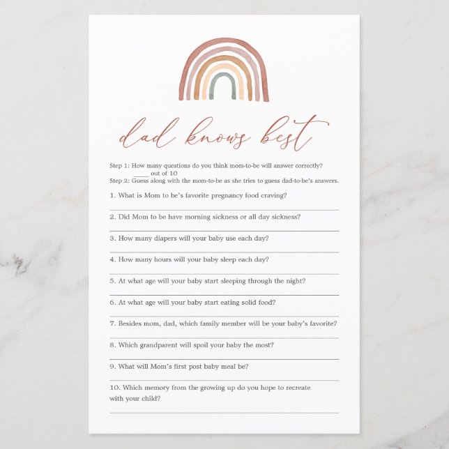 Rainbow Baby Shower Dad Knows Best Game (Front)