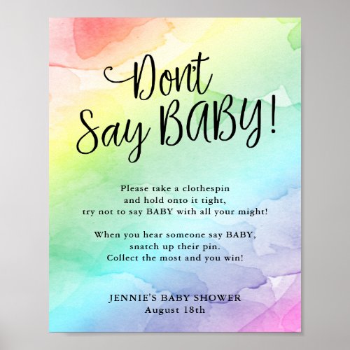 Rainbow Baby Shower Dont Say Baby Game Poster