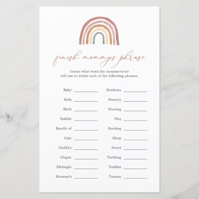 Rainbow Baby Shower Finish Mommy's Phrase Game (Front)