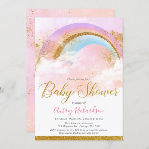 Rainbow baby shower girl pastel pink gold invitation