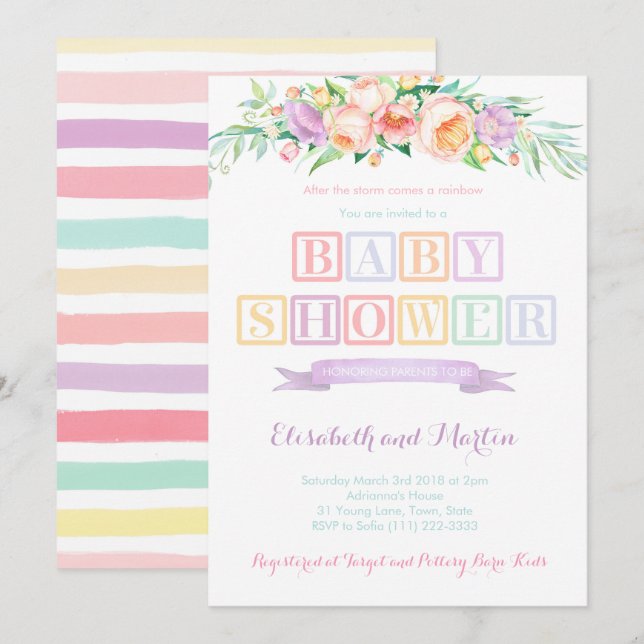 Rainbow baby shower invitation cards pastel colors (Front/Back)