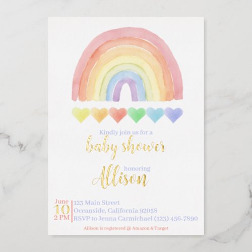 Rainbow Baby Shower invitation  Foil Invitation