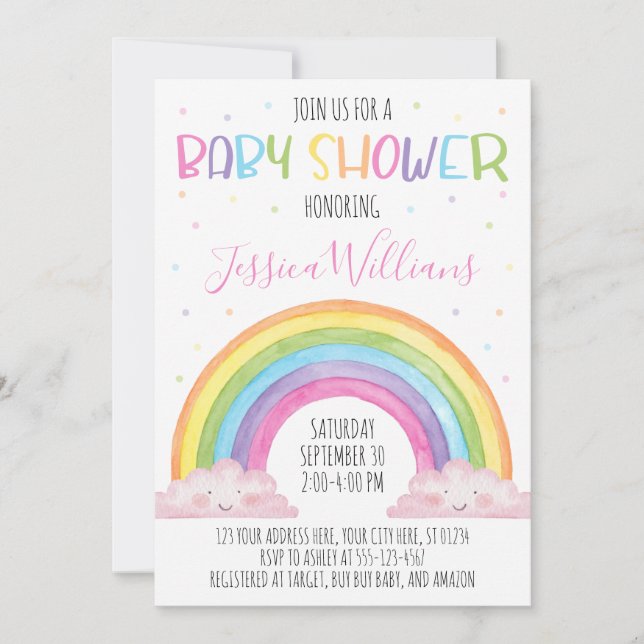 Rainbow Baby Shower Invitation, Girl Baby Shower Invitation (Front)