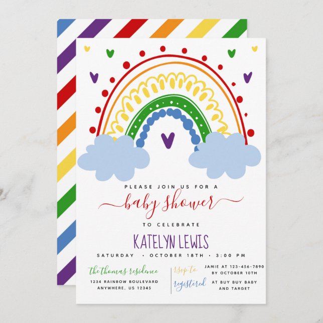 Rainbow Baby Shower Invitation in Primary Colors (Front/Back)