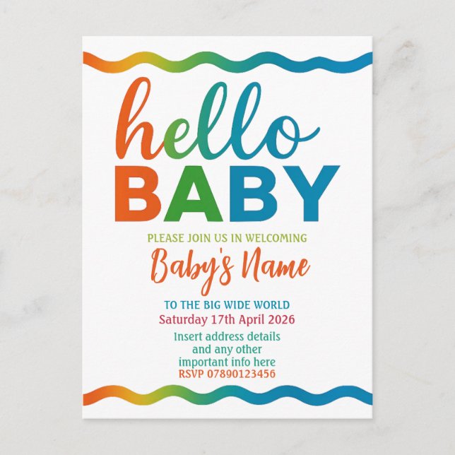Rainbow baby shower invitation personalized invite (Front)