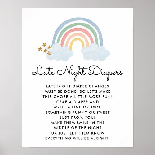 Rainbow Baby Shower Late Nights Diaper Game Poster