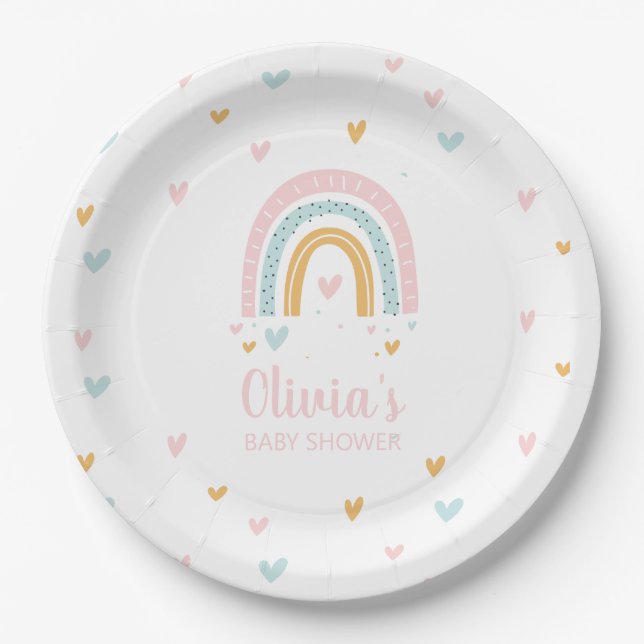 Rainbow Baby Shower pastel hearts Paper Plates (Front)