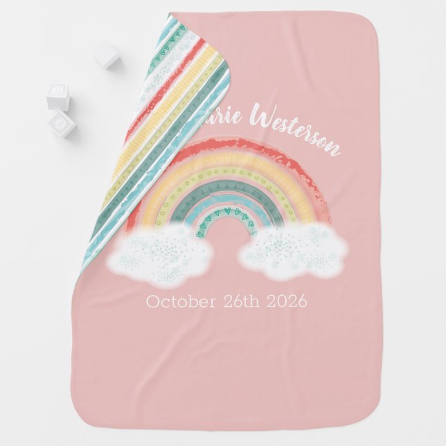 Rainbow Baby Shower Pink Baby Blanket (In Situ)