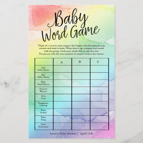 Rainbow Baby Shower Word Game Shower Game Card