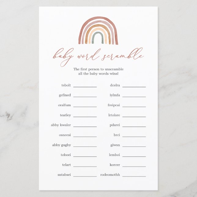 Rainbow Baby Shower Word Scramble Game (Front)