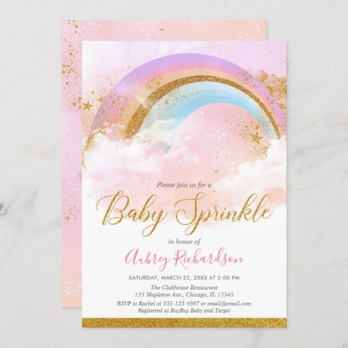 Rainbow baby sprinkle girl pastel pink gold invitation