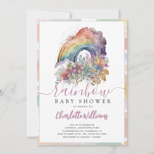Rainbow Baby Watercolor Floral Baby Shower Invitation