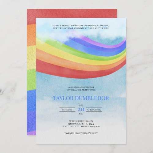 Rainbow Baby Watercolor Pastel Sky Clouds Shower Invitation