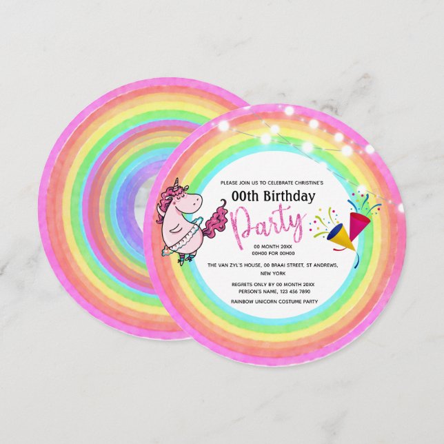 Rainbow ballerina 2 photo girly unicorn birthday invitation (Front/Back)