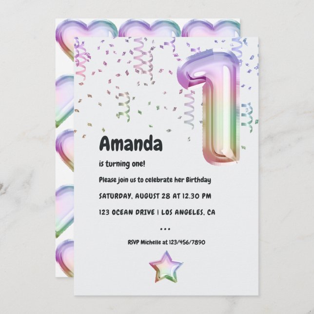 Rainbow Balloon 1st Xmas Birthday Invitation (Front/Back)