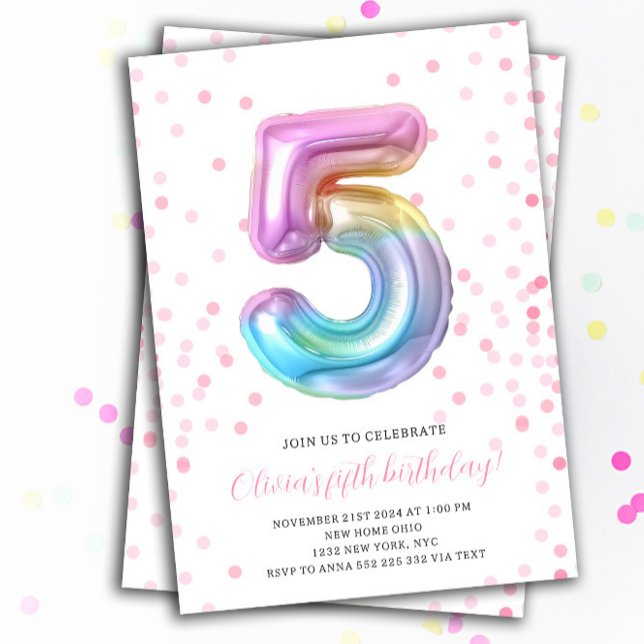 Rainbow Balloon 5th Birthday Girl Party Number Invitation (Rainbow Balloon Colorful 5th Birthday Girl Invitations)