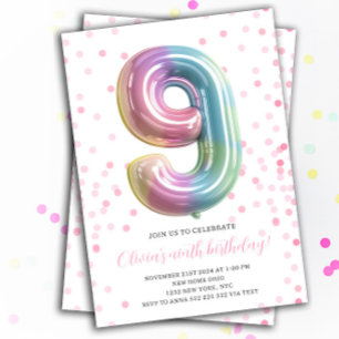 Rainbow Balloon 9th Birthday Girl Party Number Invitation