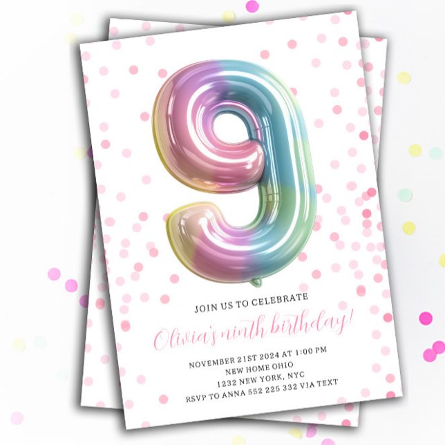 Rainbow Balloon 9th Birthday Girl Party Number Invitation (9th Birthday Invitation Balloon Rainbow)