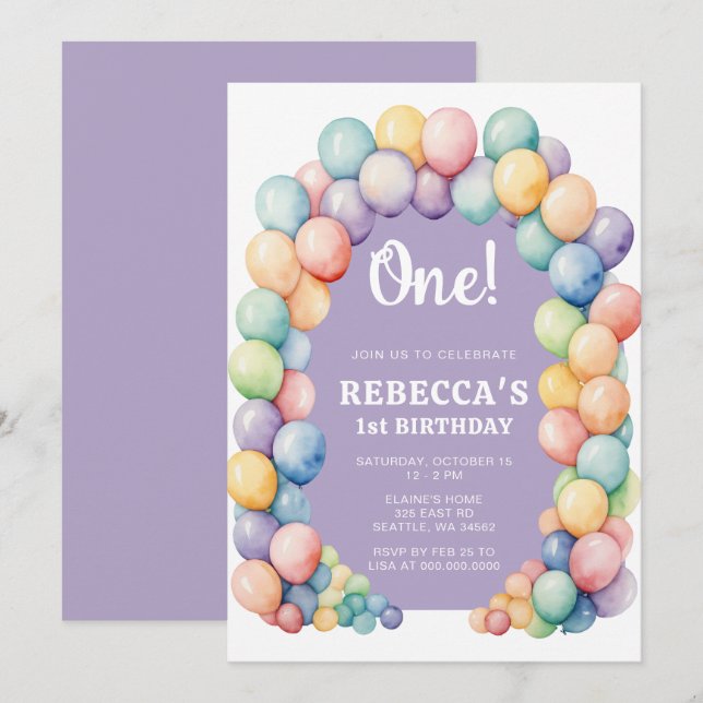 Rainbow Balloon Arch Any Age Birthday Invitation (Front/Back)