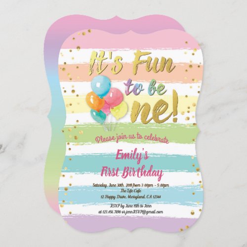 Rainbow balloon first 1st birthday party invitation