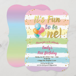 Rainbow balloon first 1st birthday party invitation